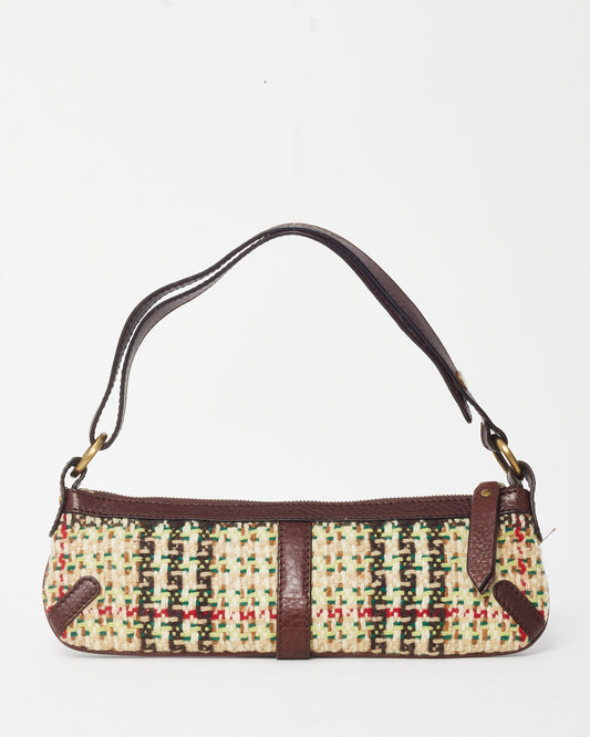 Burberry Brown Leather and Cream/Multi Tweed Baguette Zip Shoulder Bag