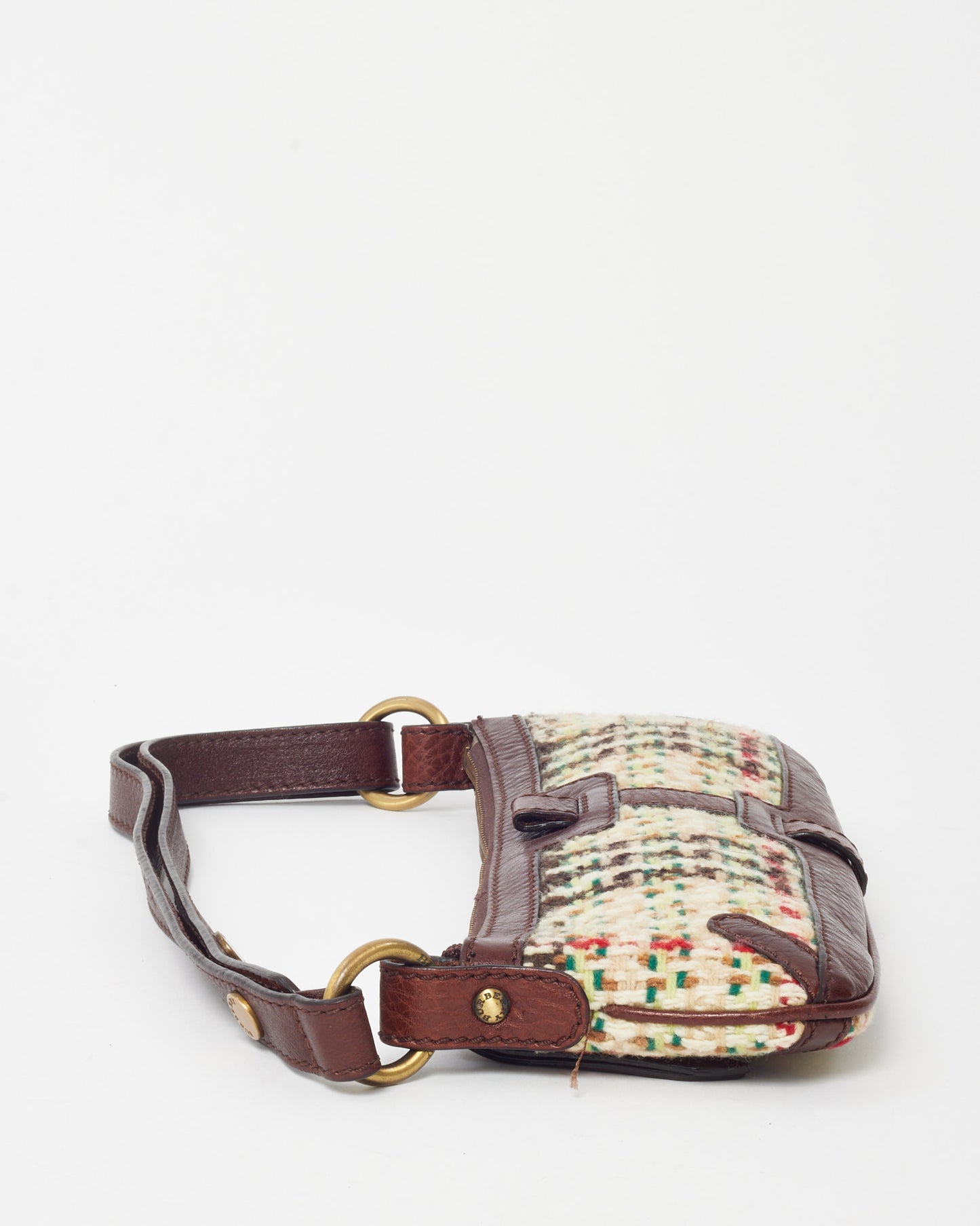 Burberry Brown Leather and Cream/Multi Tweed Baguette Zip Shoulder Bag