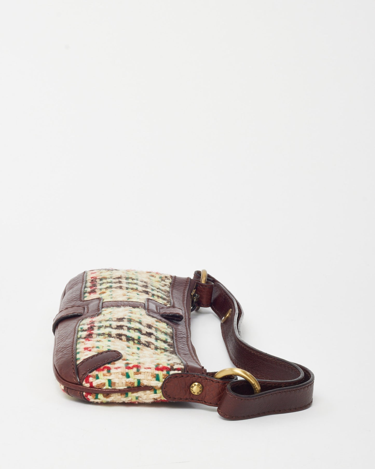 Burberry Brown Leather and Cream/Multi Tweed Baguette Zip Shoulder Bag