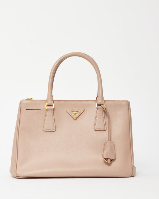 Prada Blush Pink Saffiano Leather Small Galleria Double Zip Tote with Strap