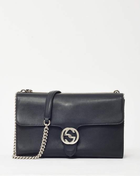 Gucci Black Smooth Leather Interlocking G Dollar Flap Medium Chain Shoulder Bag