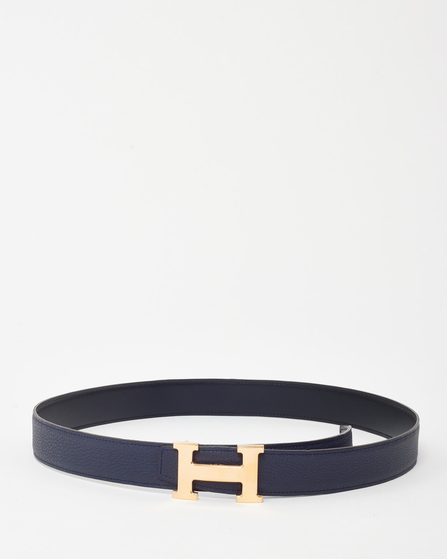 Hermès Navy Blue Nuit Togo and Black Swift Leather Reversible 32mm Rose Gold H Belt - 95