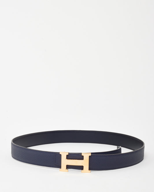 Hermès Navy Blue Nuit Togo and Black Swift Leather Reversible 32mm Rose Gold H Belt - 95