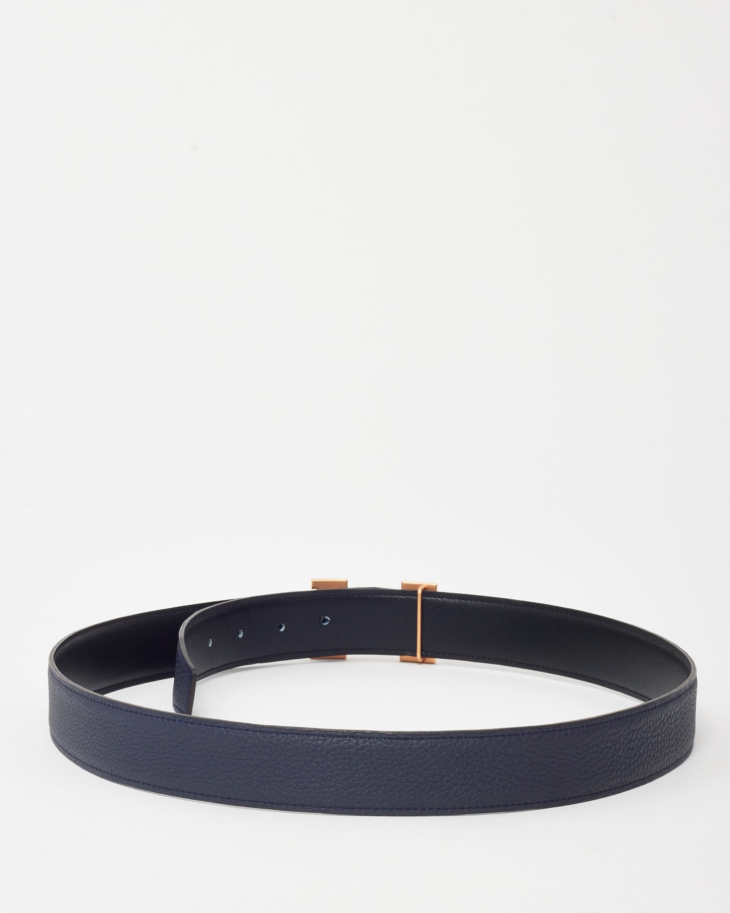 Hermès Navy Blue Nuit Togo and Black Swift Leather Reversible 32mm Rose Gold H Belt - 95
