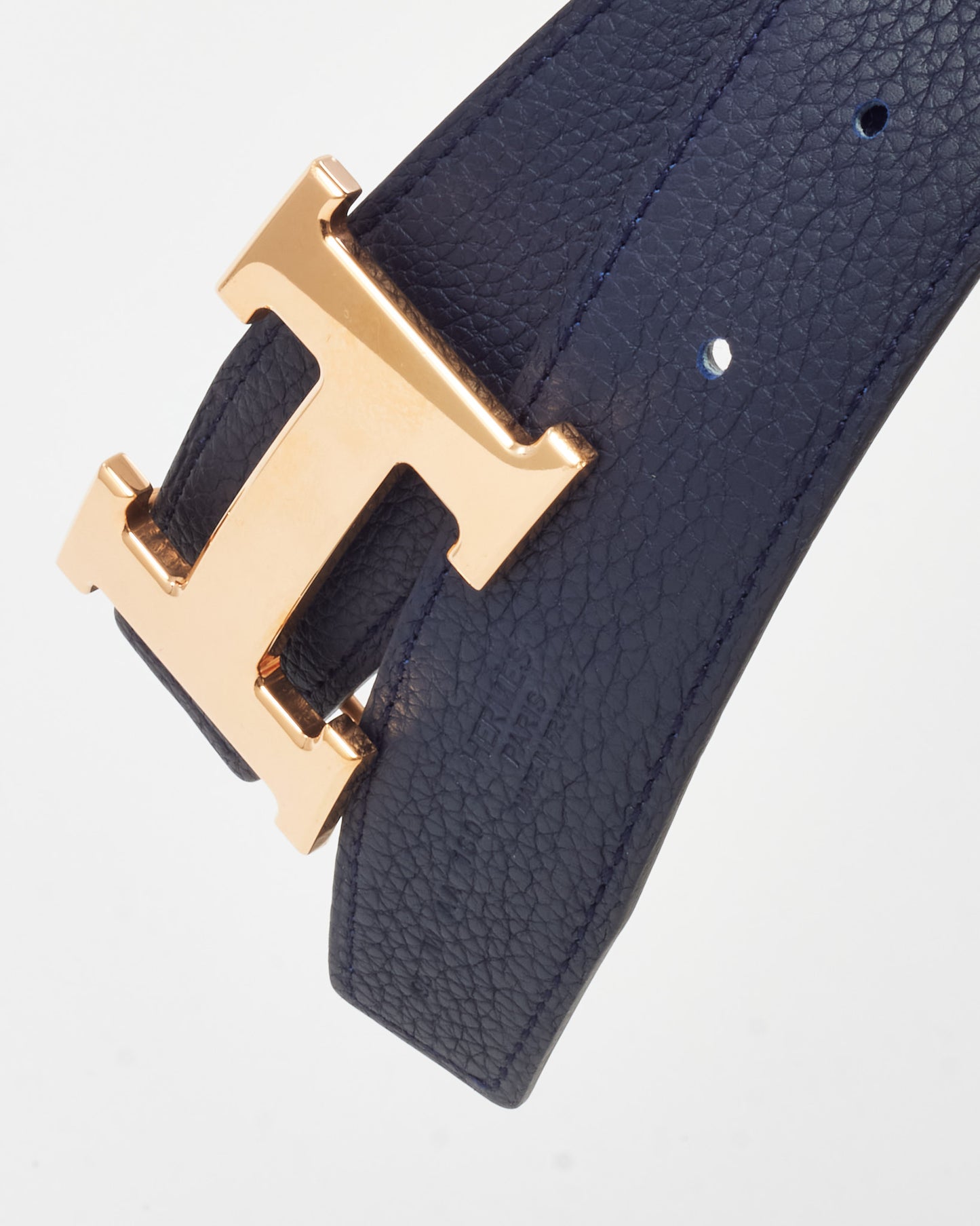 Hermès Navy Blue Nuit Togo and Black Swift Leather Reversible 32mm Rose Gold H Belt - 95