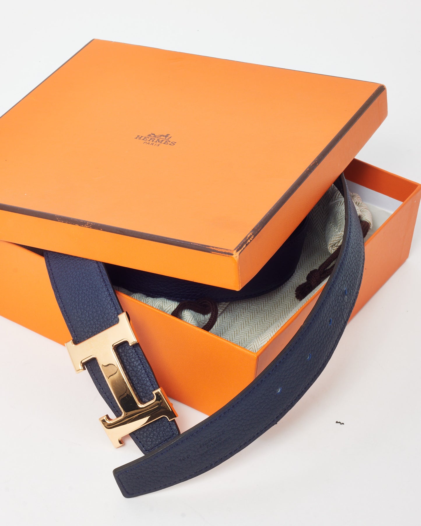 Hermès Navy Blue Nuit Togo and Black Swift Leather Reversible 32mm Rose Gold H Belt - 95