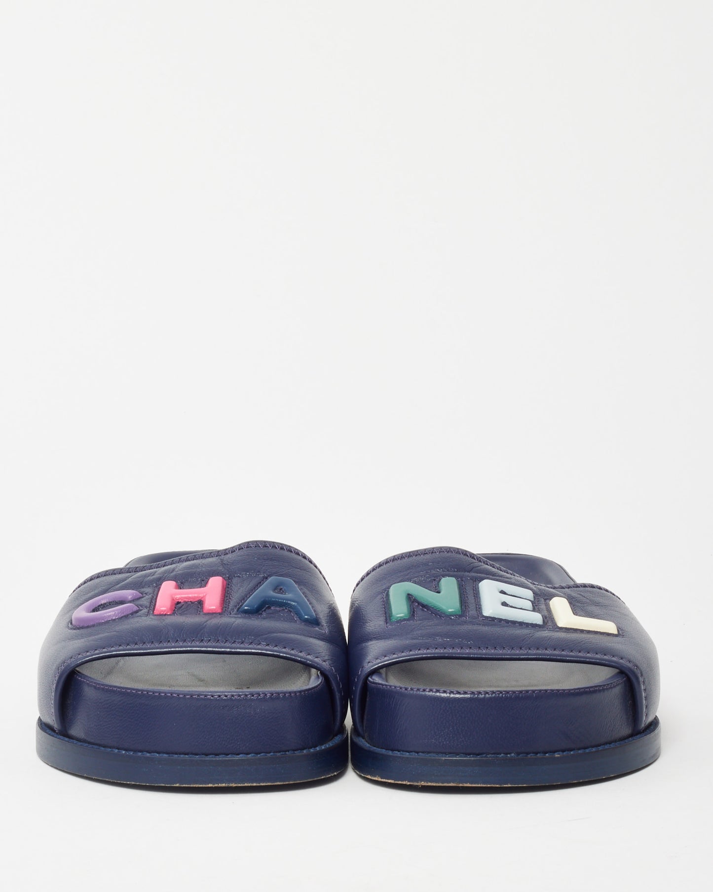 Chanel Navy Leather Multi CHA-NEL Mule Sandals - 40.5