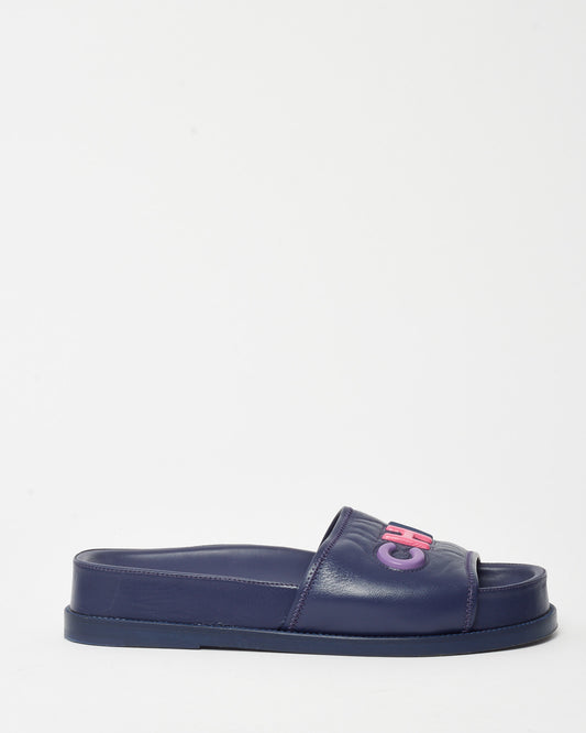 Chanel Navy Leather Multi CHA-NEL Mule Sandals - 40.5