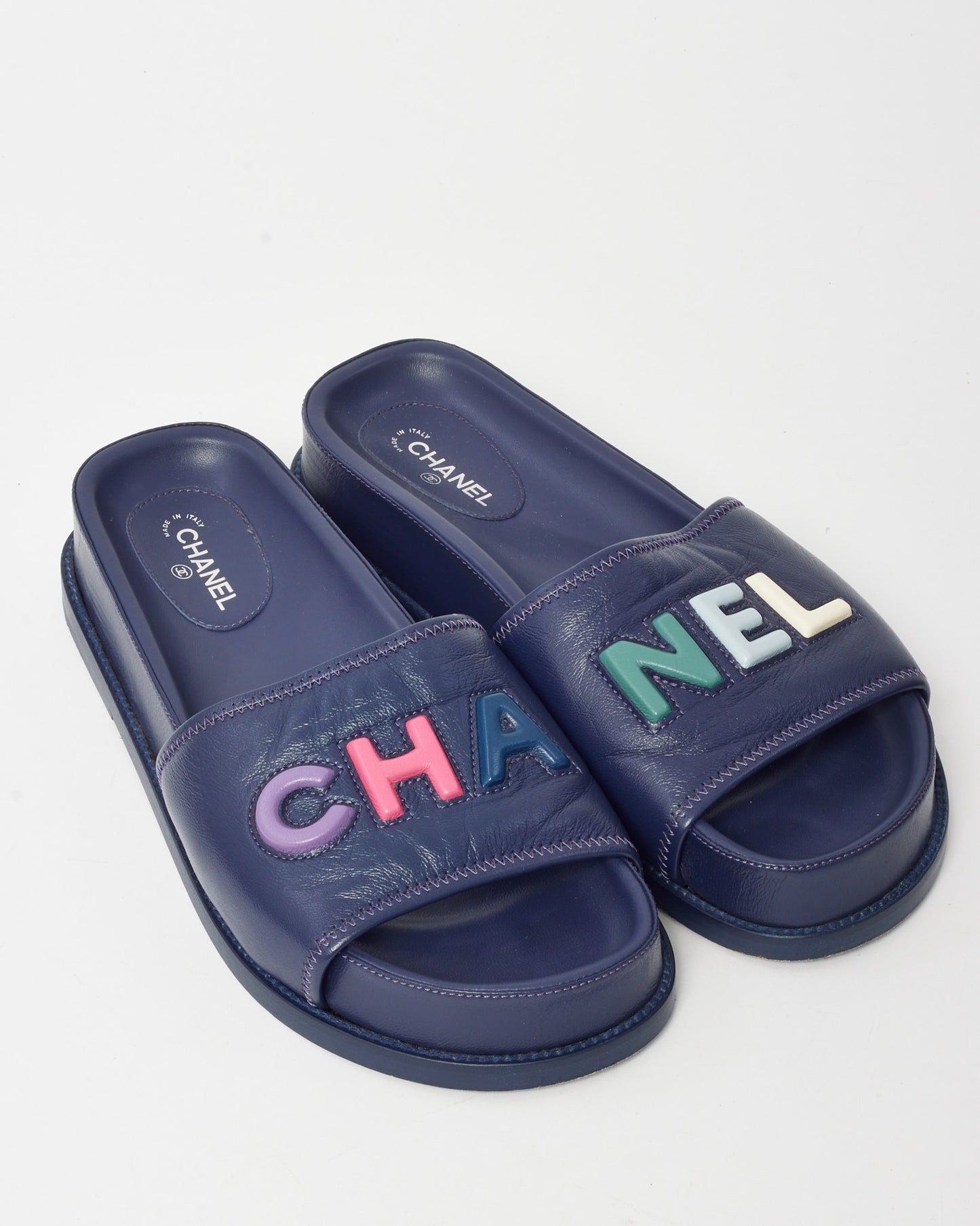Chanel Navy Leather Multi CHA-NEL Mule Sandals - 40.5