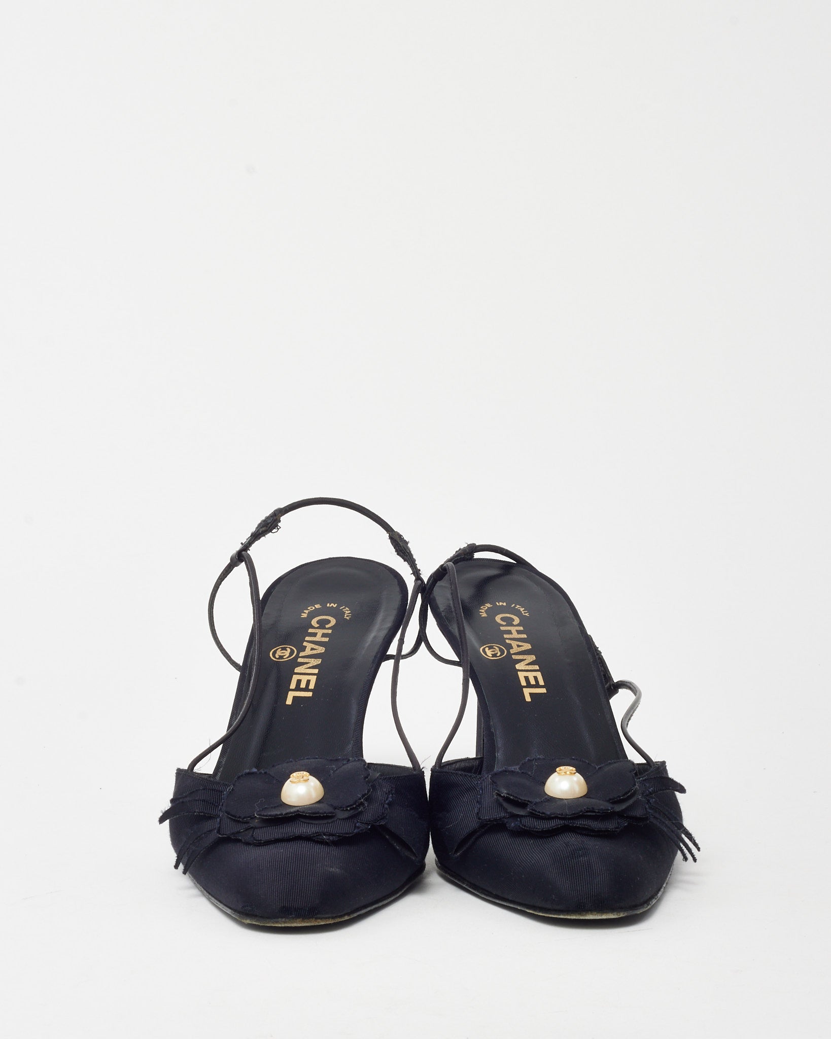 Buy Chanel Vintage Black Grosgrain Pearl Camellia Flower Slingback