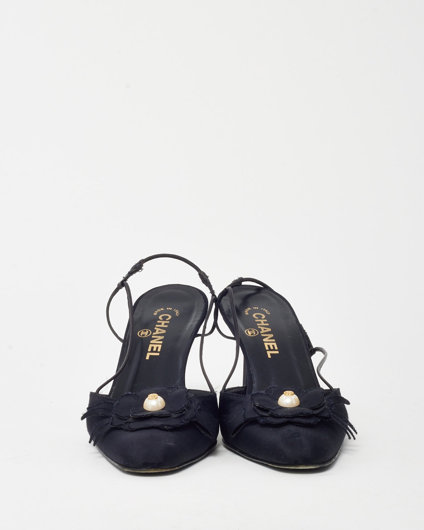 Chanel Vintage Black Grosgrain Pearl Camellia Flower Slingback Pumps - 39.5