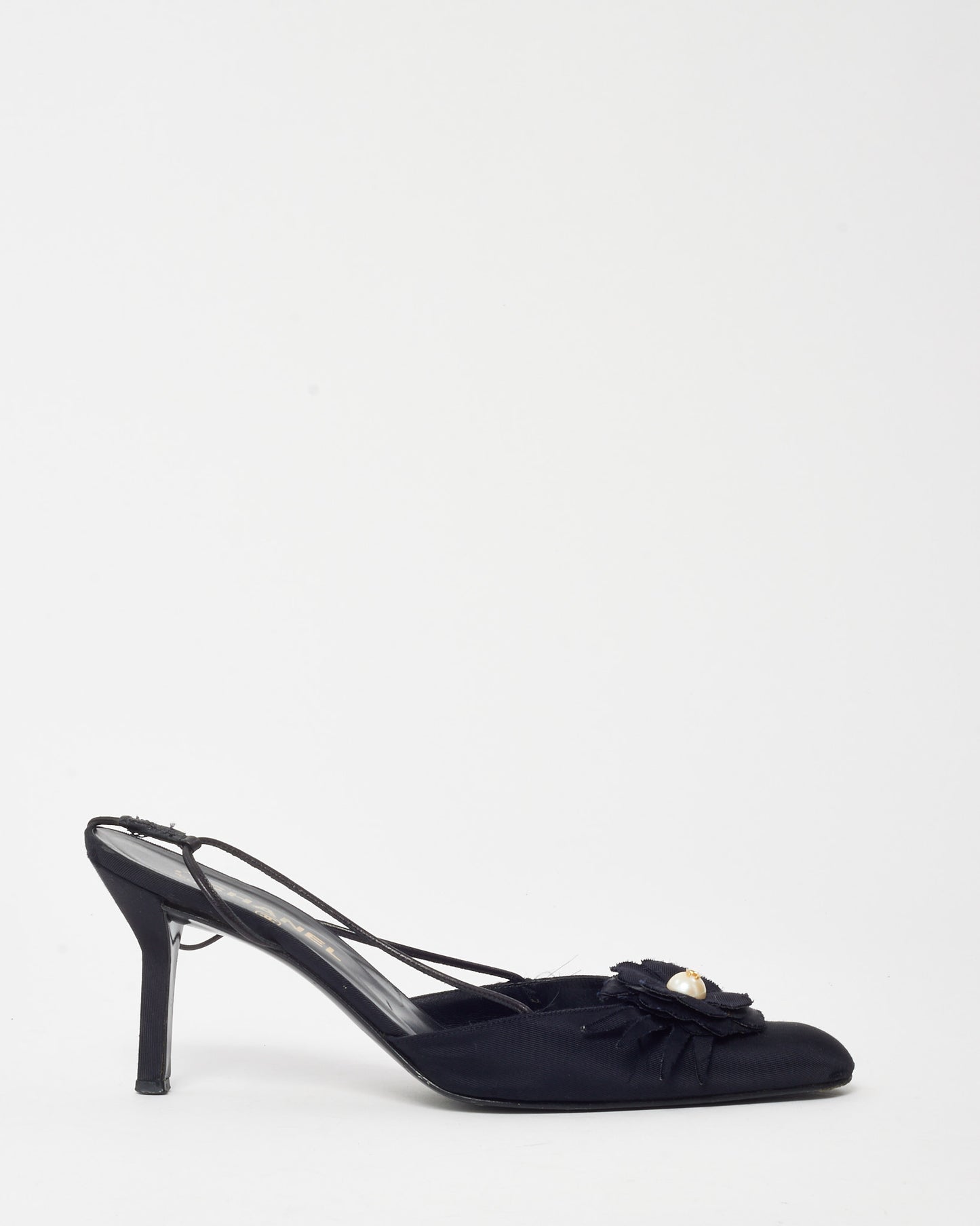 Chanel Vintage Black Grosgrain Pearl Camellia Flower Slingback Pumps - 39.5