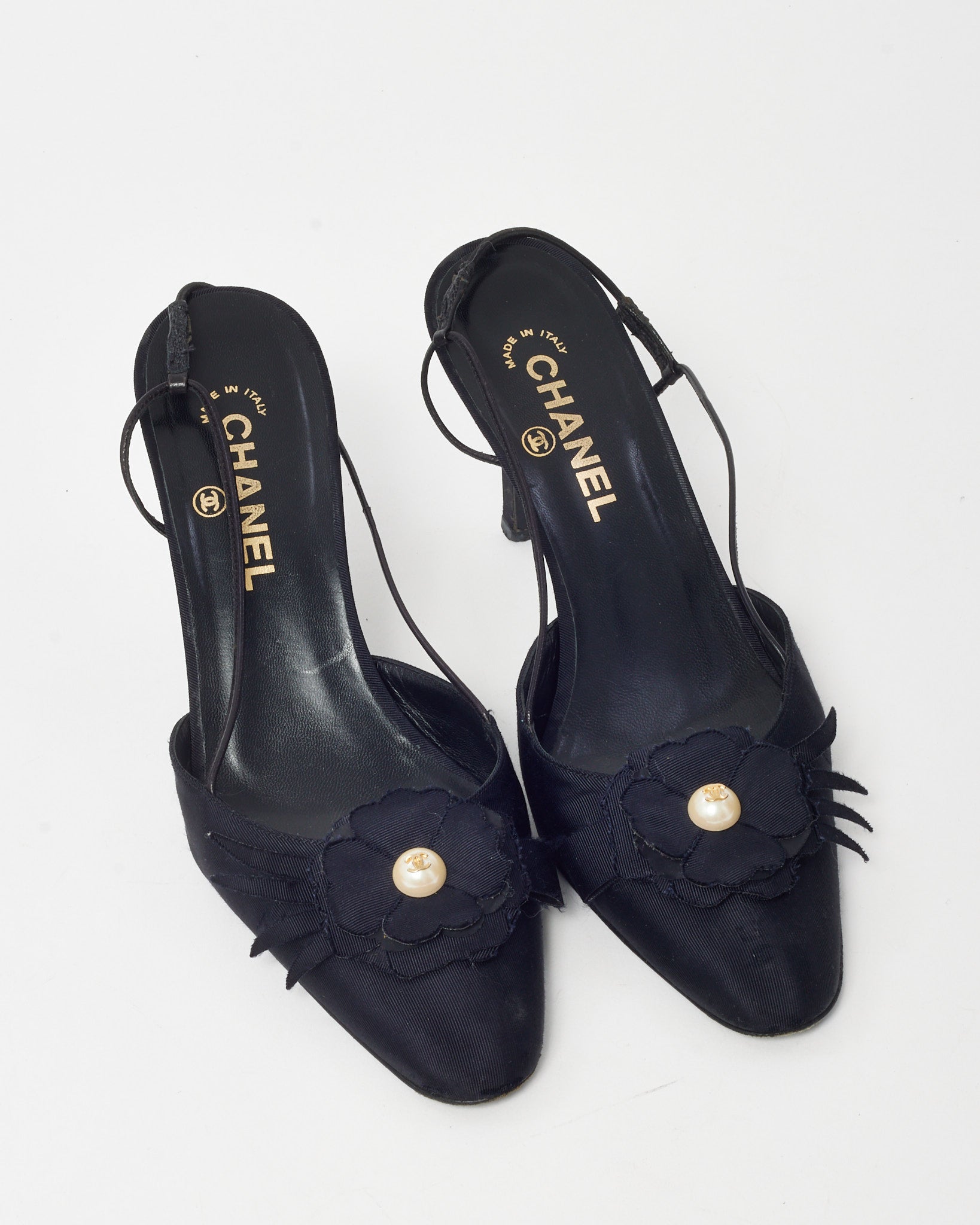 Buy Chanel Vintage Black Grosgrain Pearl Camellia Flower Slingback