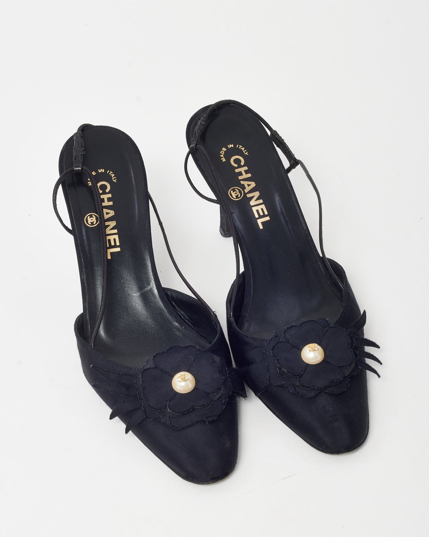 Chanel Vintage Black Grosgrain Pearl Camellia Flower Slingback Pumps - 39.5
