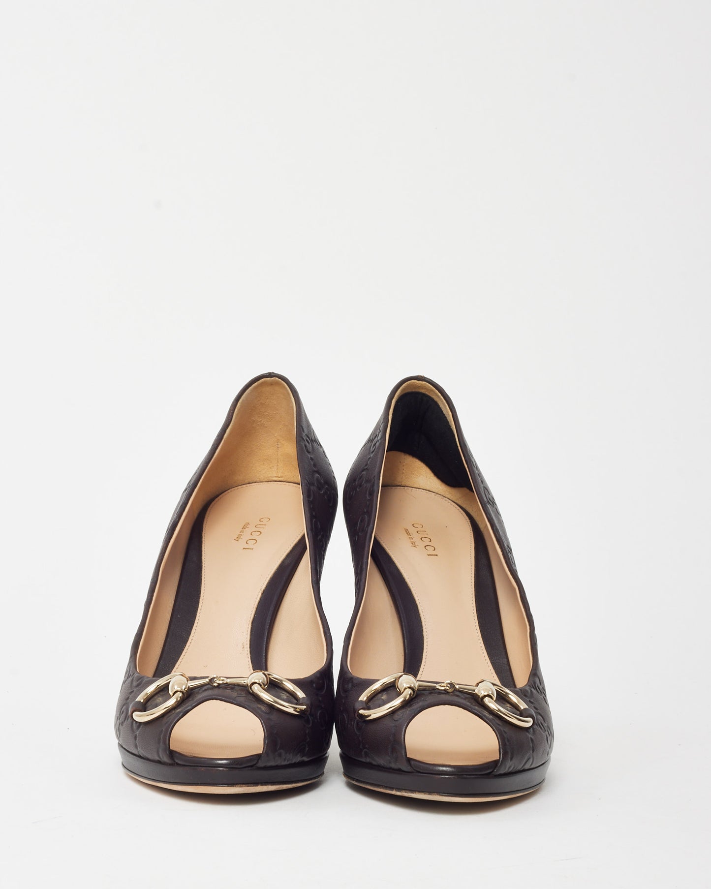 Gucci Brown Monogram GG Guccissima Leather Horsebit Peep Toe Pumps - 40