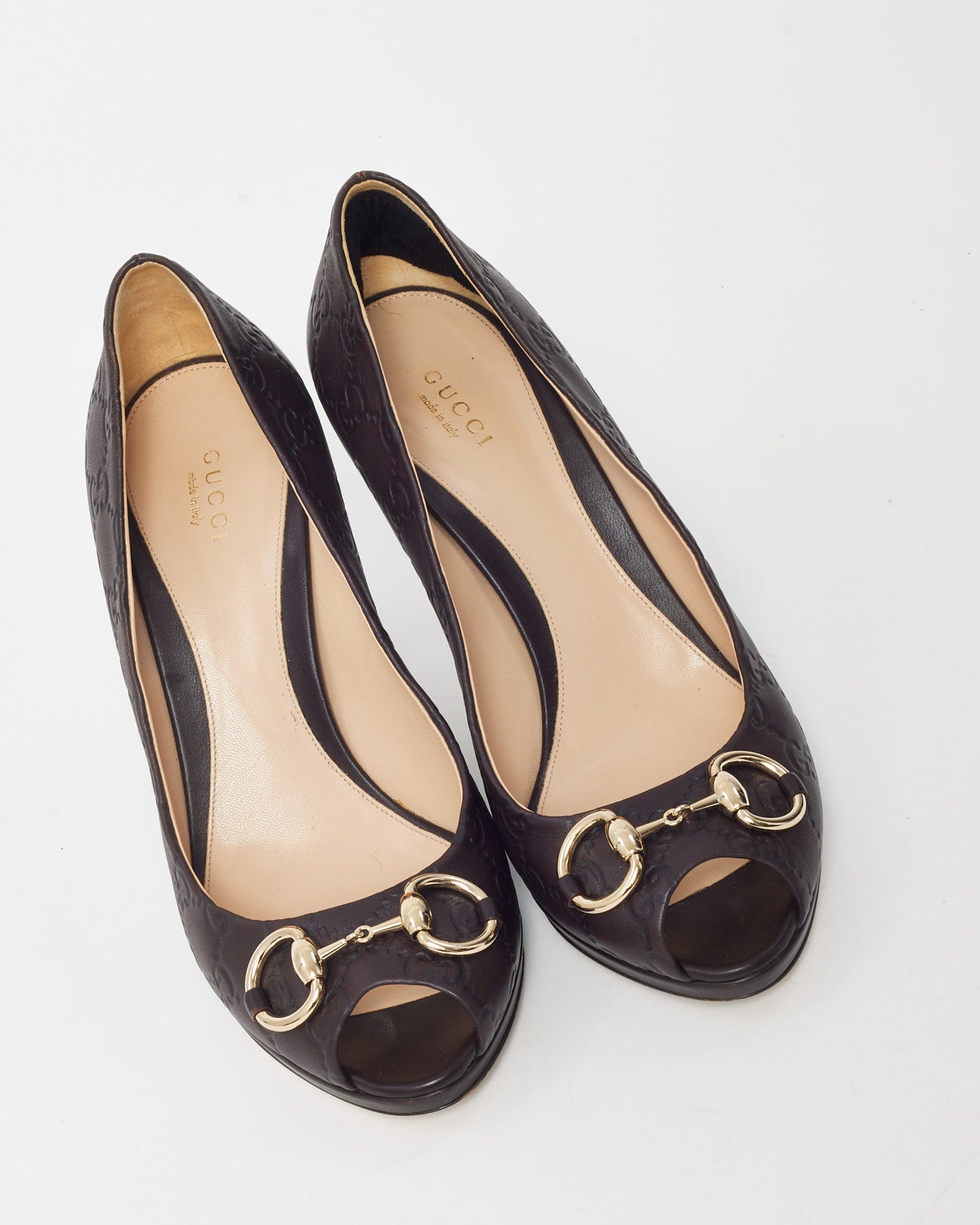 Gucci Brown Monogram GG Guccissima Leather Horsebit Peep Toe Pumps - 40