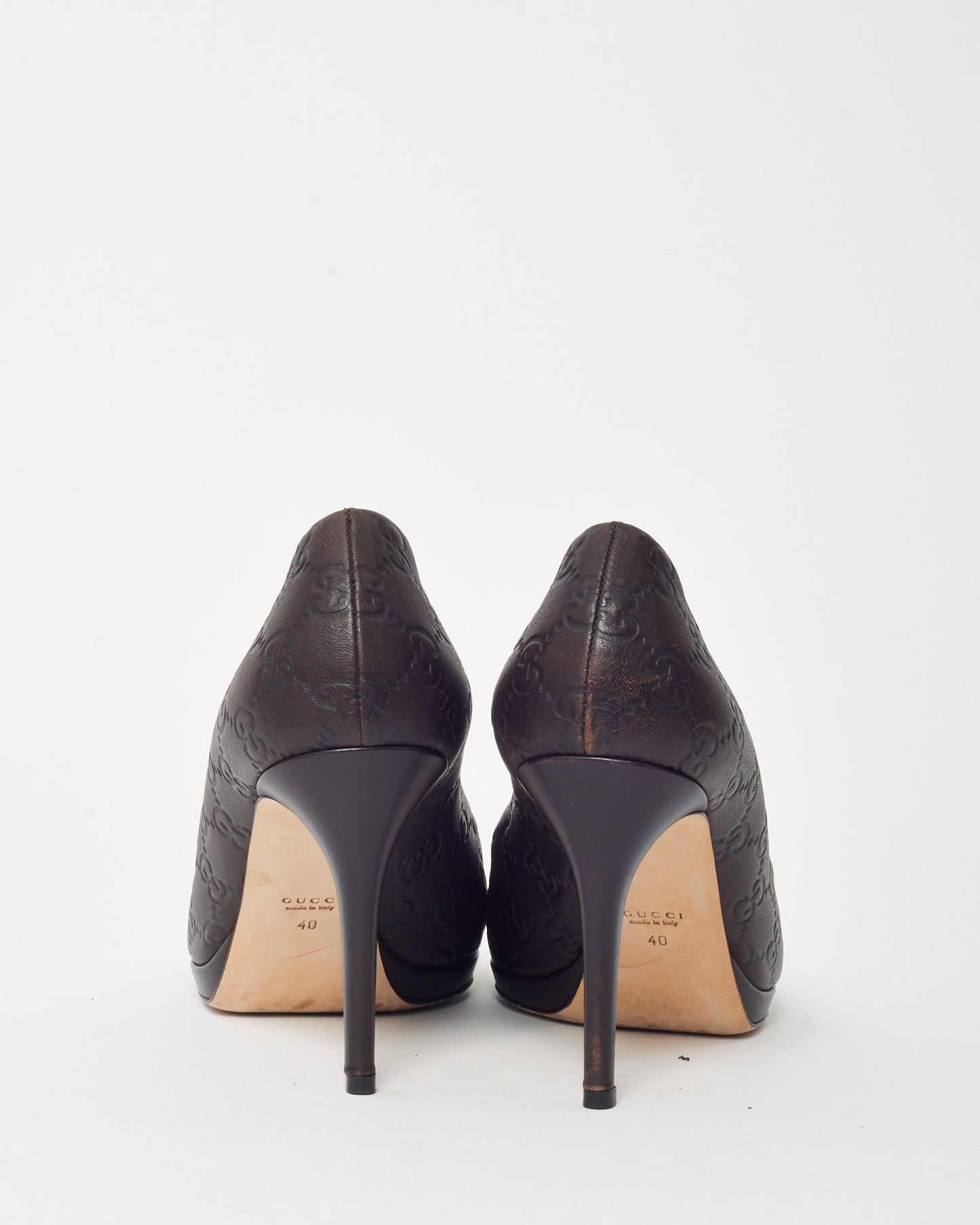 Gucci Brown Monogram GG Guccissima Leather Horsebit Peep Toe Pumps - 40