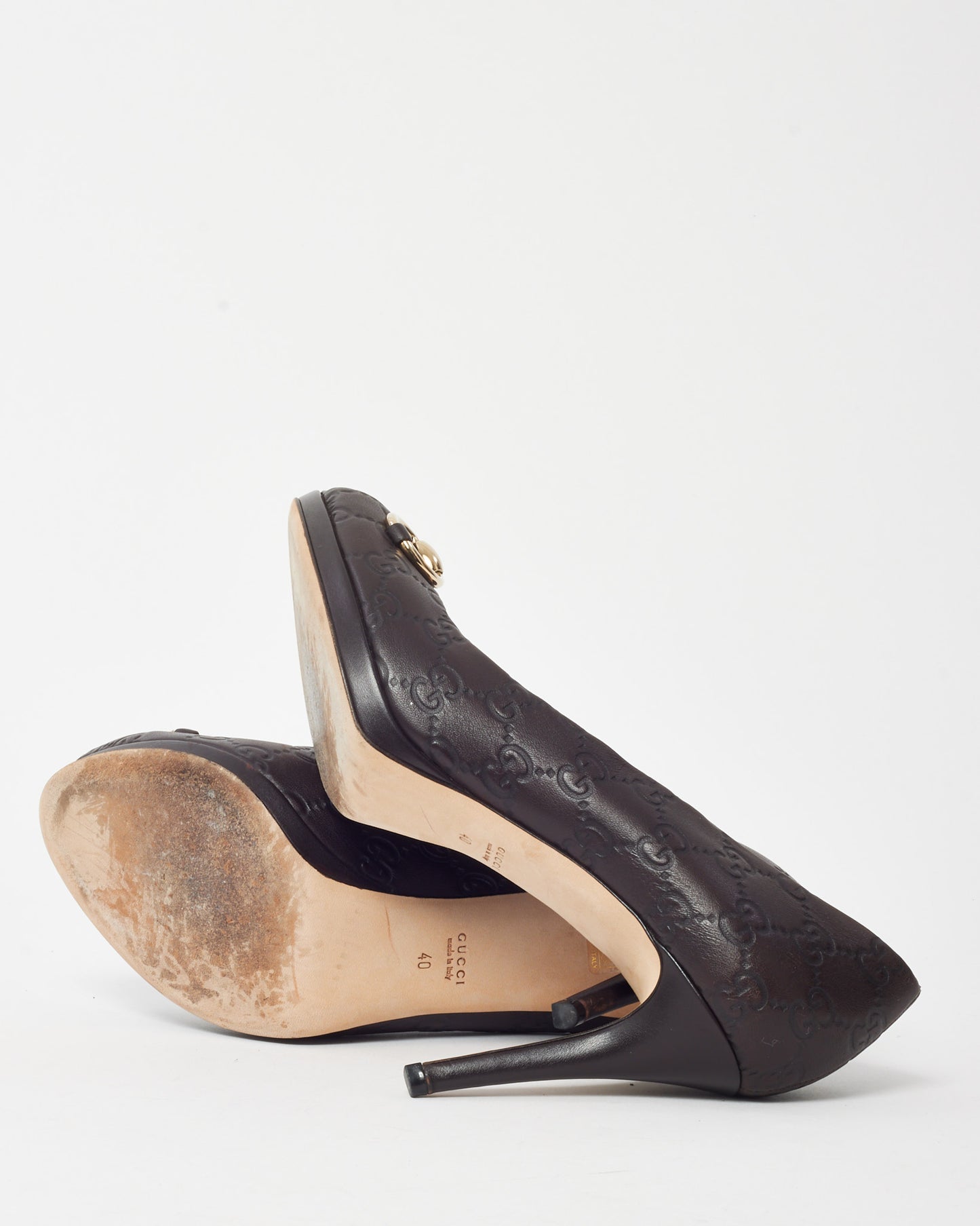 Gucci Brown Monogram GG Guccissima Leather Horsebit Peep Toe Pumps - 40