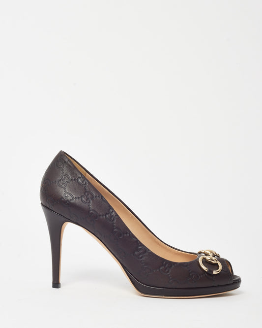 Gucci Brown Monogram GG Guccissima Leather Horsebit Peep Toe Pumps - 40