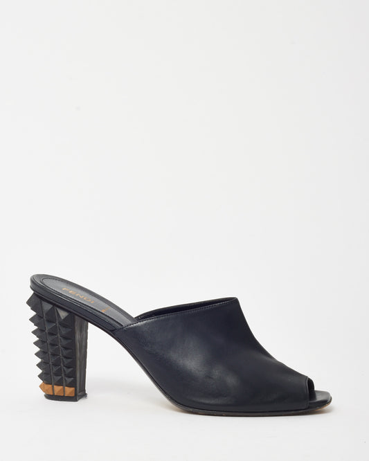 Fendi Black Leather Studded Mule Heel Sandals - 41