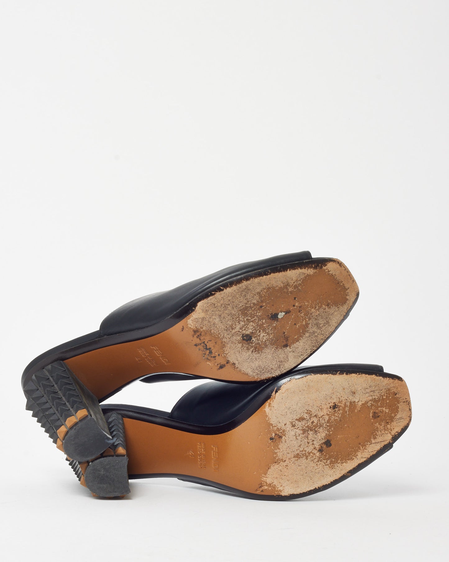 Fendi Black Leather Studded Mule Heel Sandals - 41