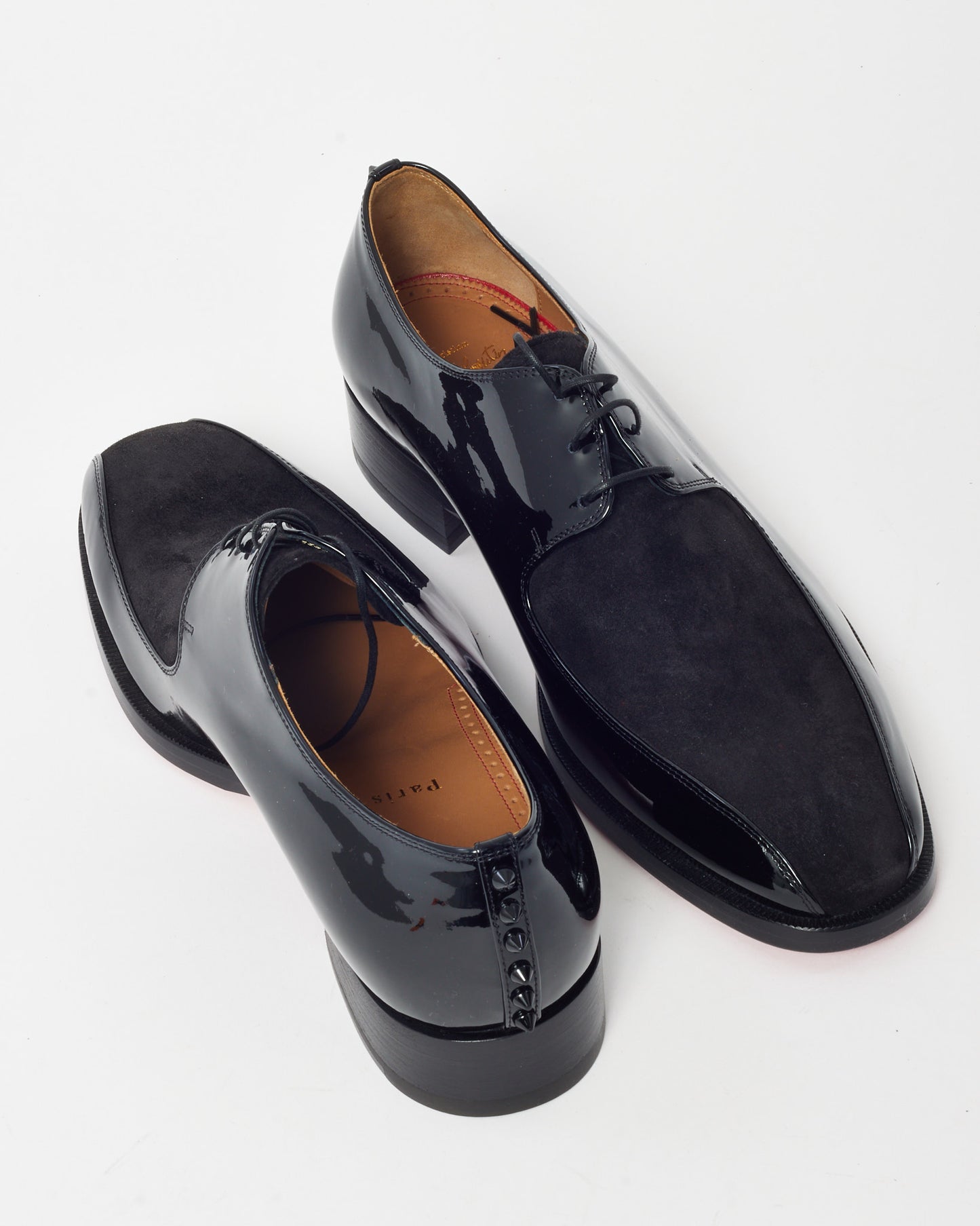 Christian Louboutin Men's Black Patent Leather and Suede Marco Spike Lace Up Loafers - 41 MEN