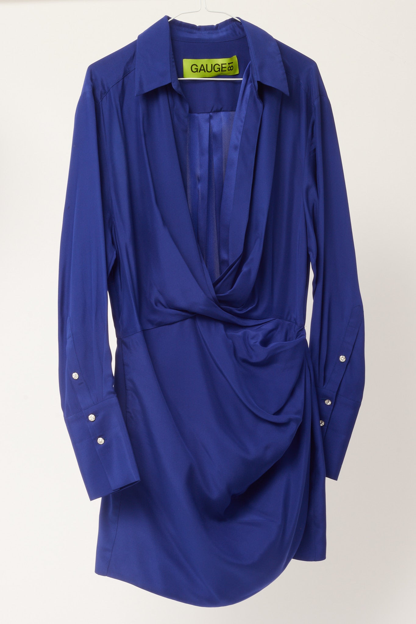 Gauge81 Royal Blue Silk Long Sleeve Draped Naha Short Mini Dress - L