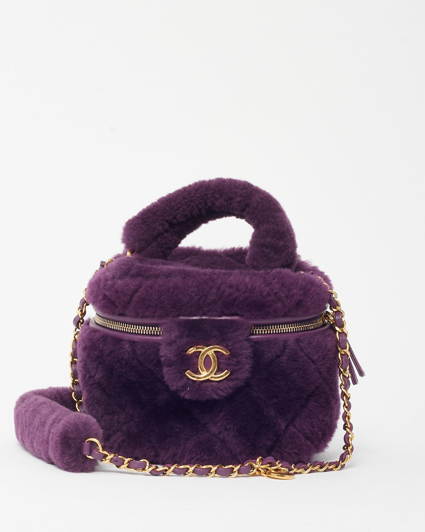 Chanel Purple Shearling Small Coconing Top Handle Vanity Case with Chain GHW
