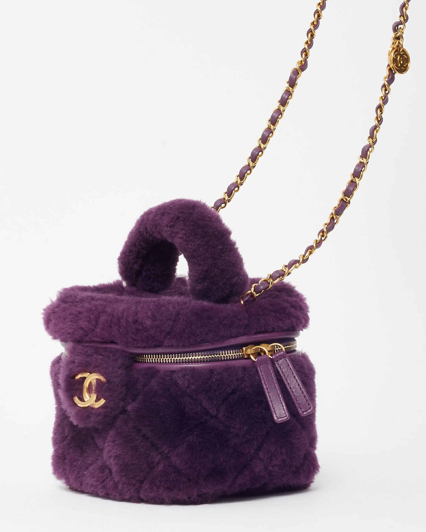 Chanel Purple Shearling Small Coconing Top Handle Vanity Case with Chain GHW