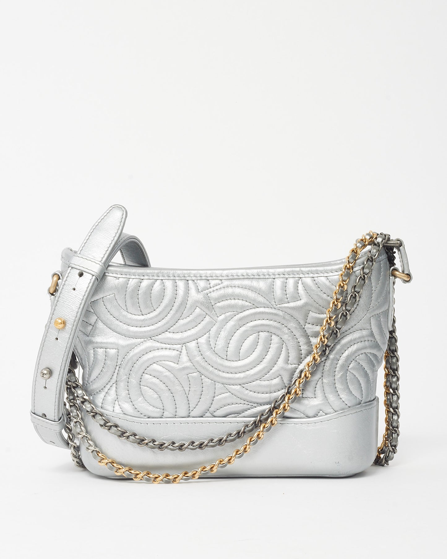 Chanel Silver CC Logo Embossed Leather Small Gabrielle Hobo Crossbody Bag