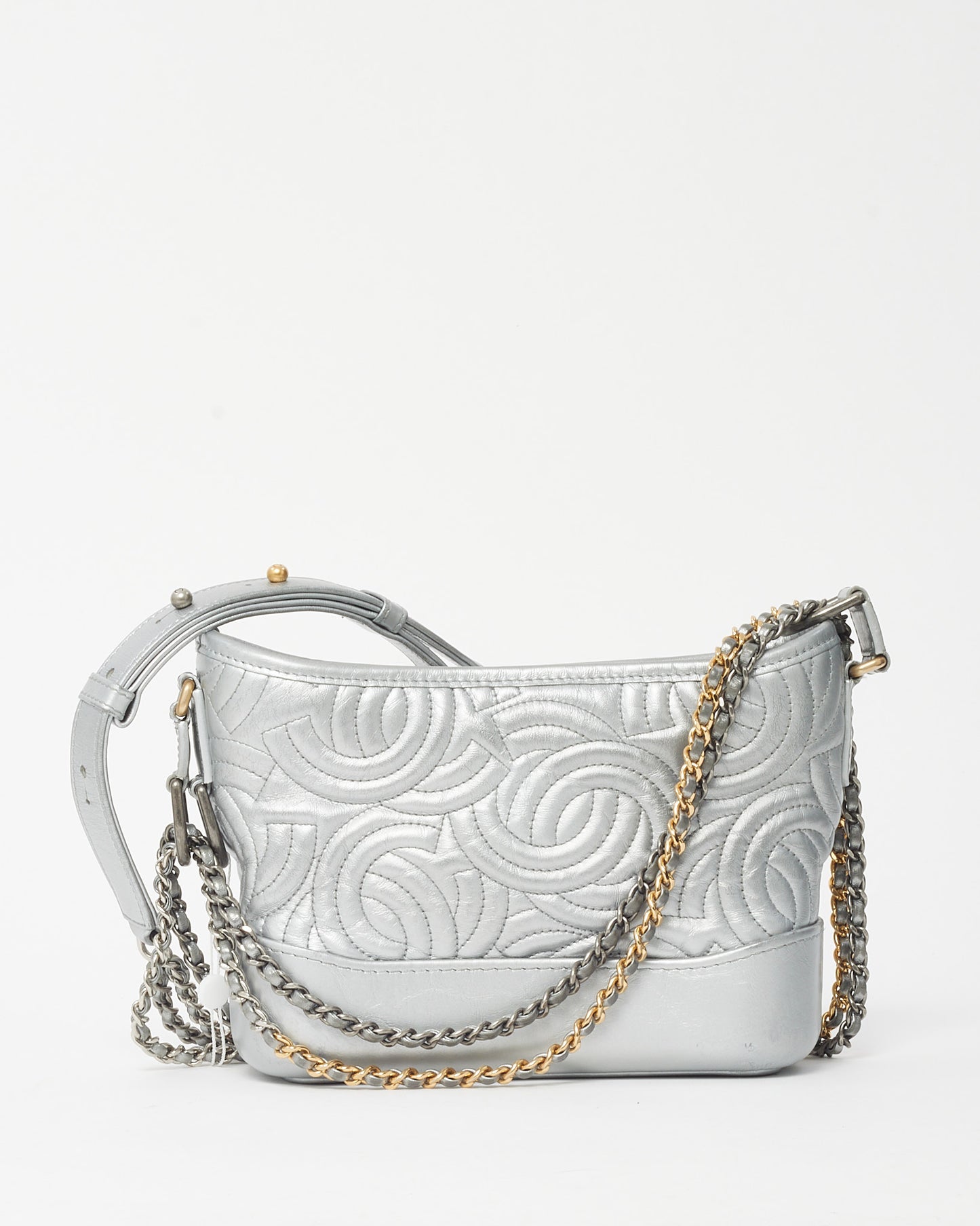 Chanel Silver CC Logo Embossed Leather Small Gabrielle Hobo Crossbody Bag