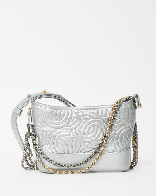 Chanel Silver CC Logo Embossed Leather Small Gabrielle Hobo Crossbody Bag