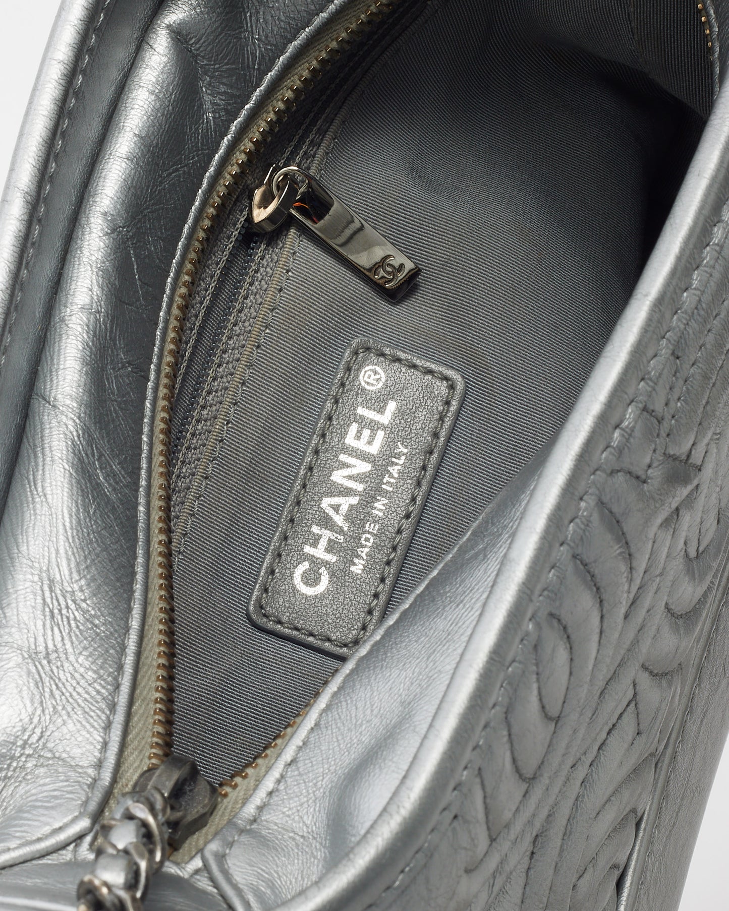 Chanel Silver CC Logo Embossed Leather Small Gabrielle Hobo Crossbody Bag