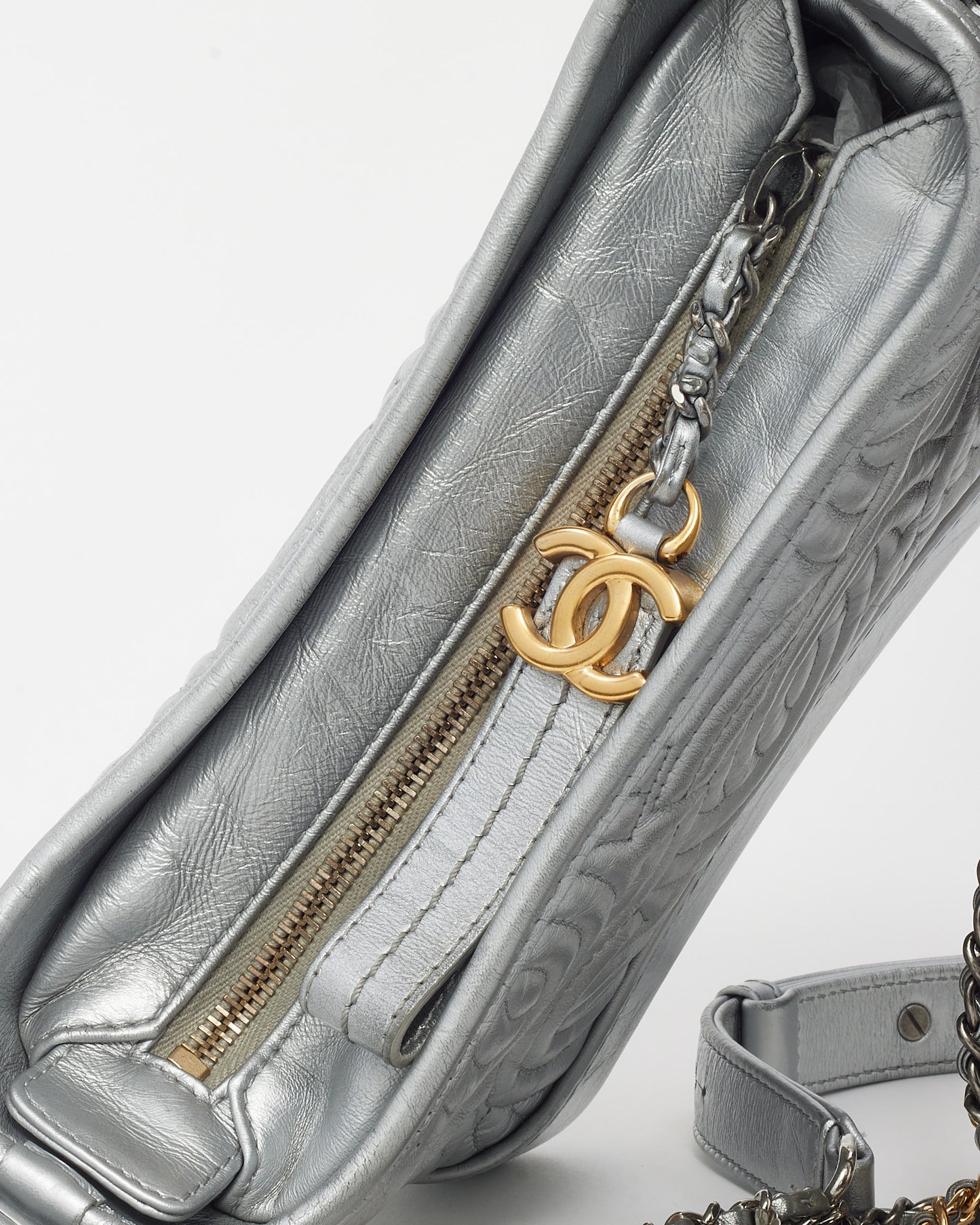 Chanel Silver CC Logo Embossed Leather Small Gabrielle Hobo Crossbody Bag