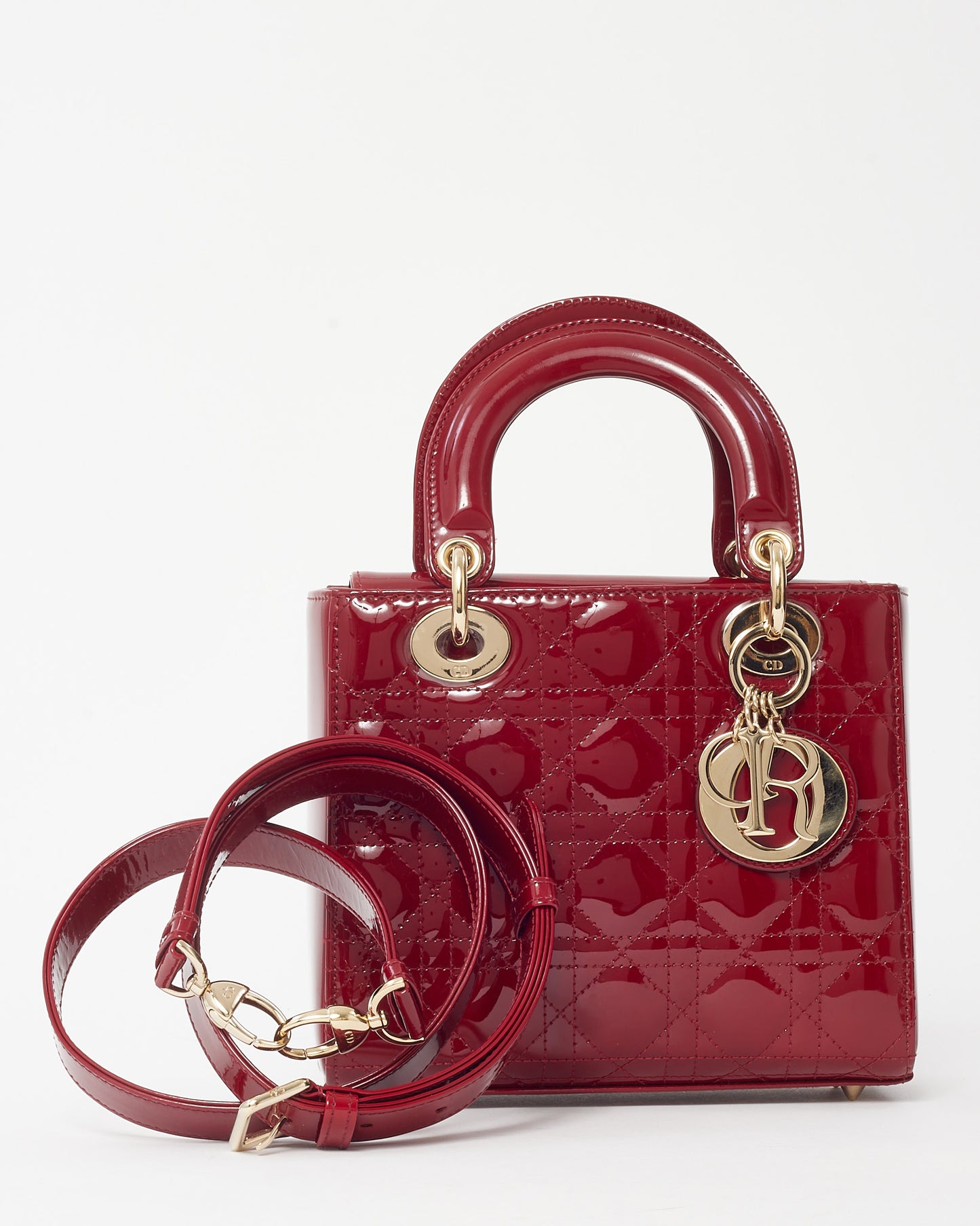 Dior Red Cannage Patent Leather Small Lady Dior Bag GHW