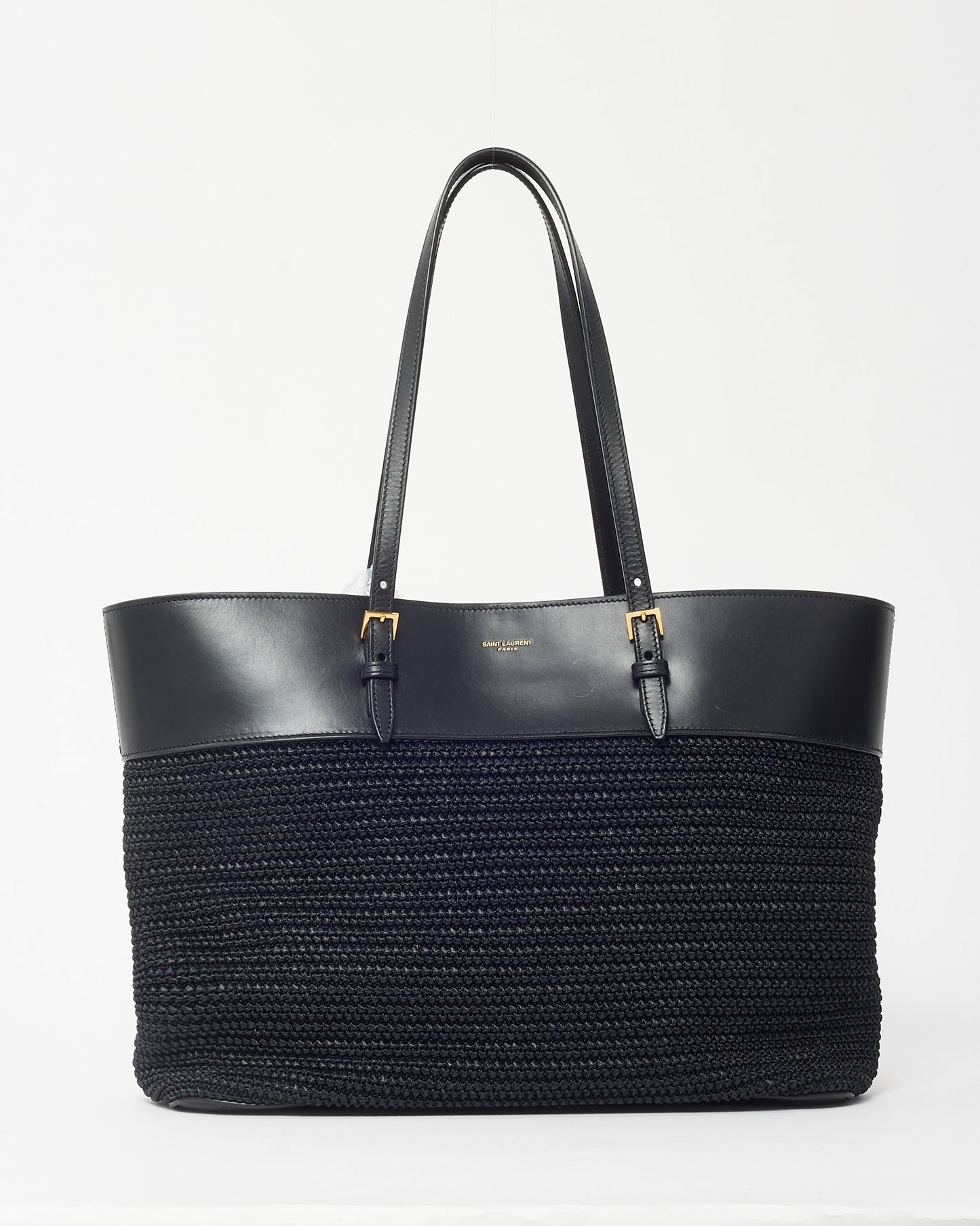 Saint Laurent Black Leather and Raffia Medium E/W Shopping Tote Bag