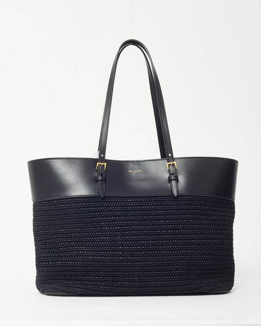 Saint Laurent Black Leather and Raffia Medium E/W Shopping Tote Bag