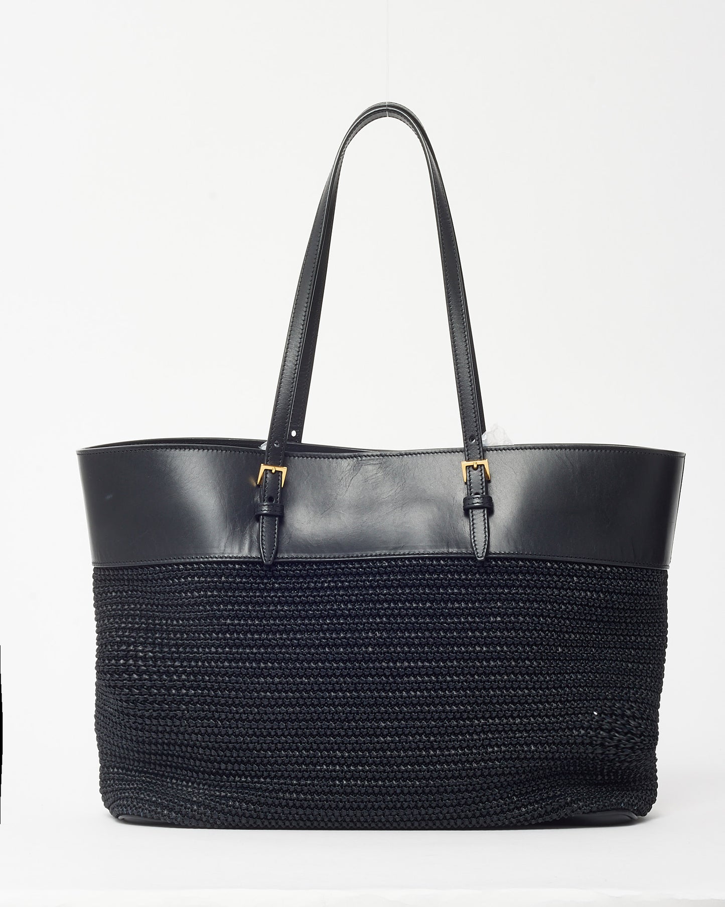 Saint Laurent Black Leather and Raffia Medium E/W Shopping Tote Bag