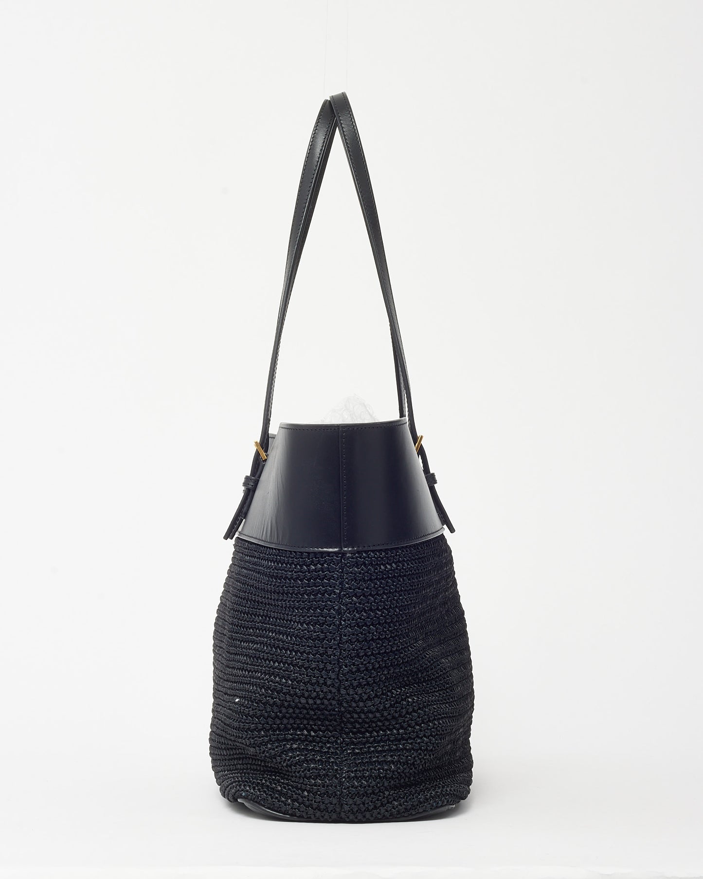 Saint Laurent Black Leather and Raffia Medium E/W Shopping Tote Bag