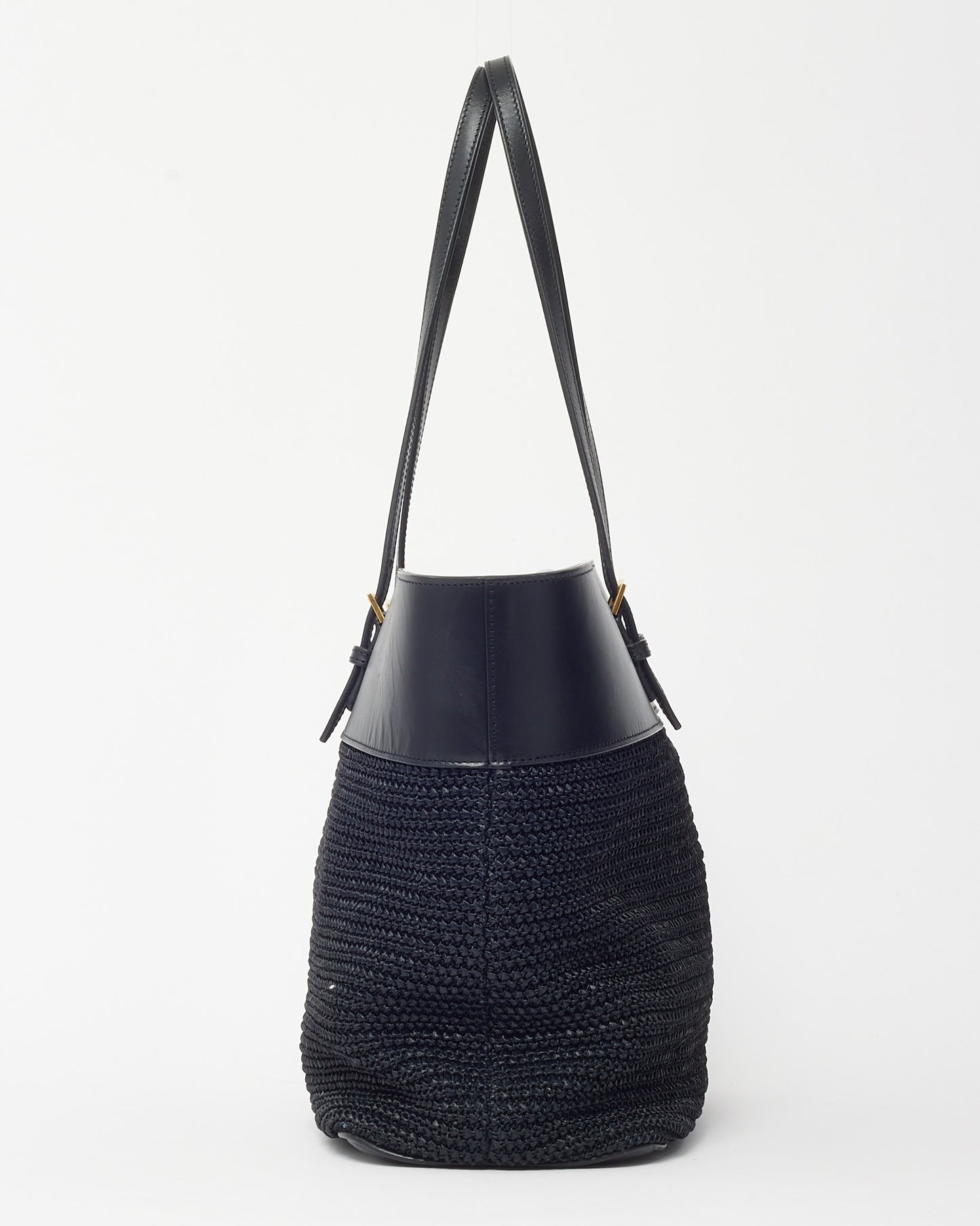 Saint Laurent Black Leather and Raffia Medium E/W Shopping Tote Bag
