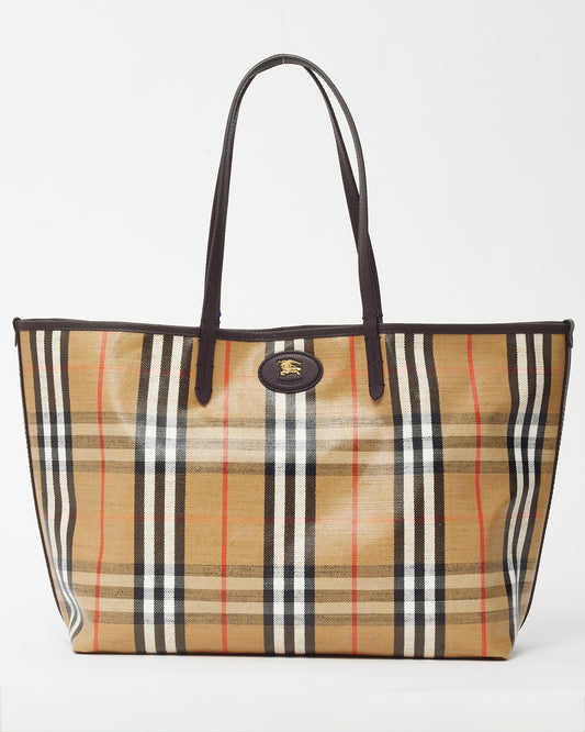 Burberry Beige Check Coated Canvas Medium Highland Reversible Tote Bag