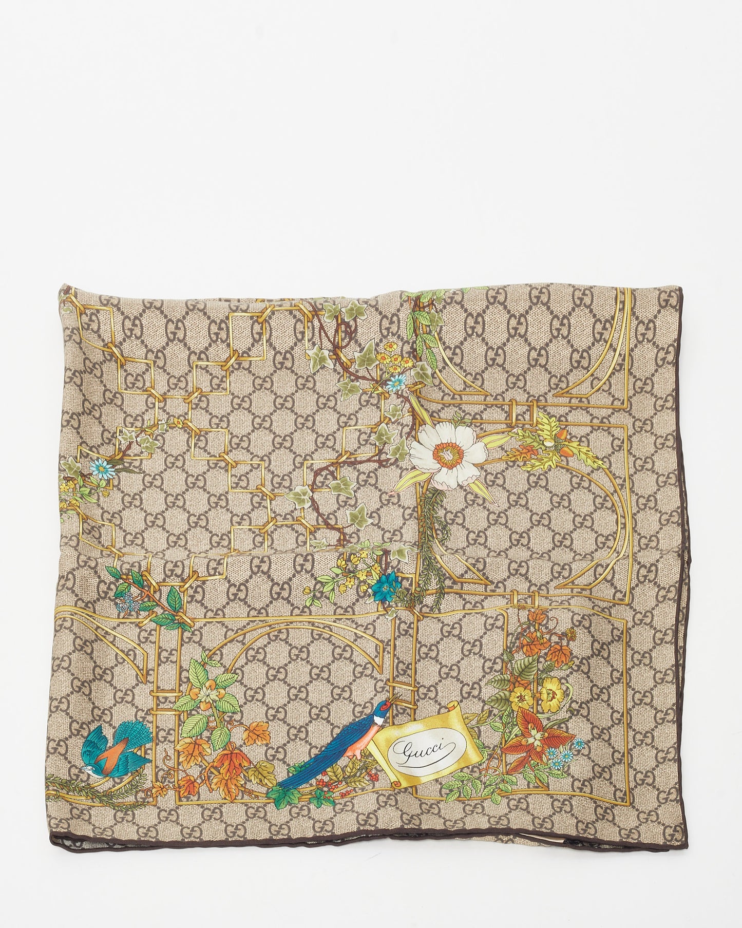 Gucci Beige and Brown GG Monogram Bird and Floral Silk Scarf 90