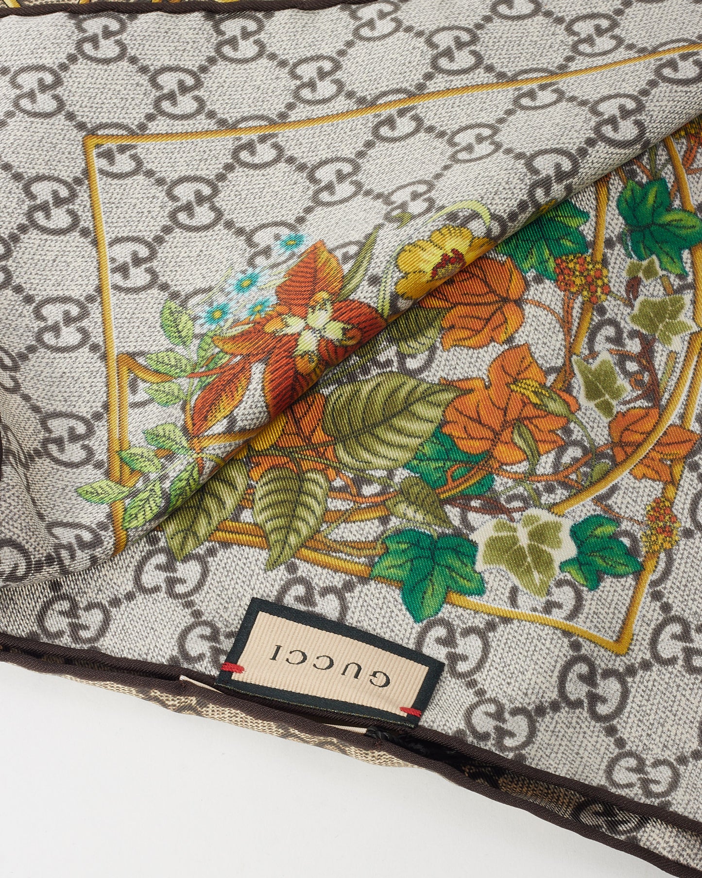 Gucci Beige and Brown GG Monogram Bird and Floral Silk Scarf 90