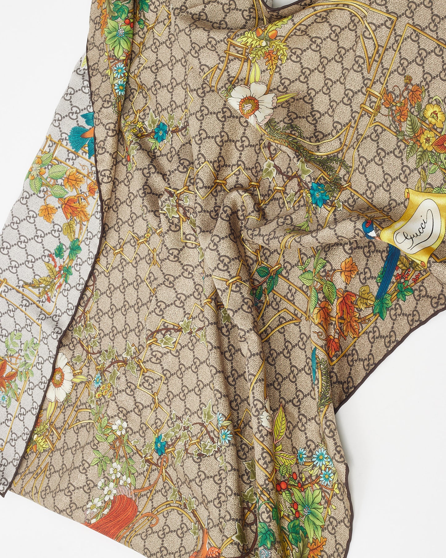 Gucci Beige and Brown GG Monogram Bird and Floral Silk Scarf 90