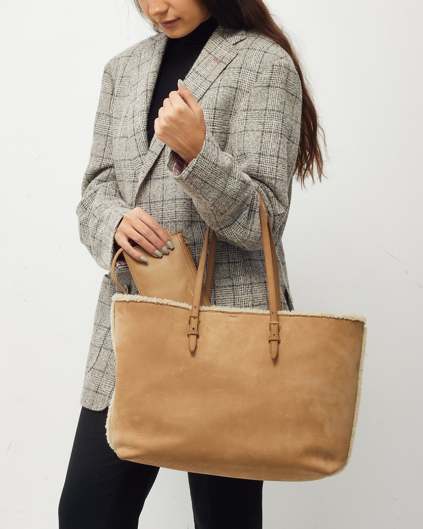 Saint Laurent Beige Suede and Shearling E/W Shopping Tote