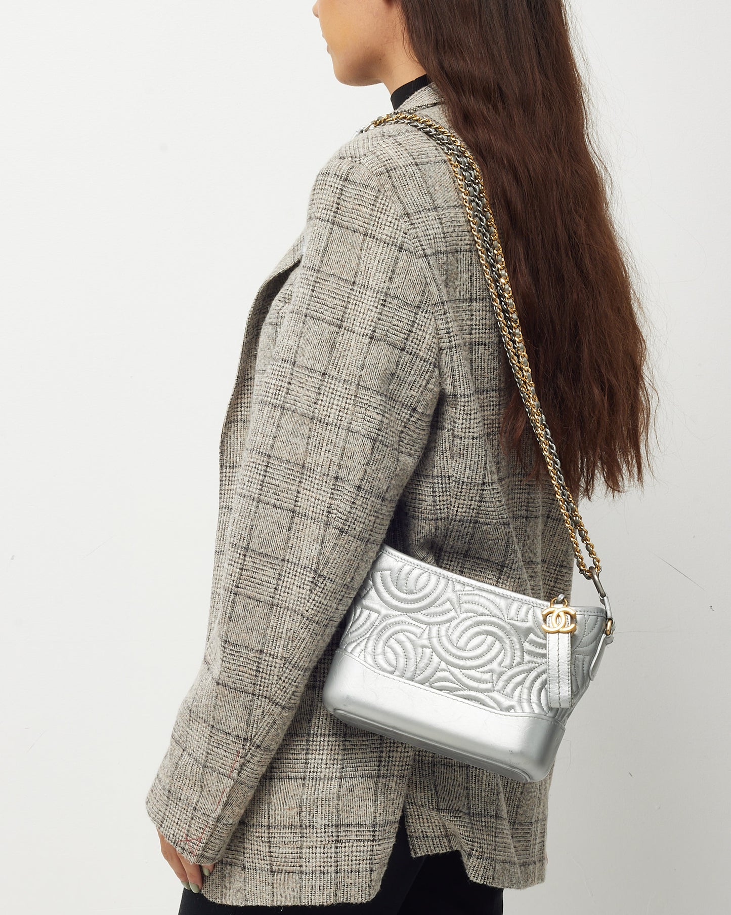 Chanel Silver CC Logo Embossed Leather Small Gabrielle Hobo Crossbody Bag