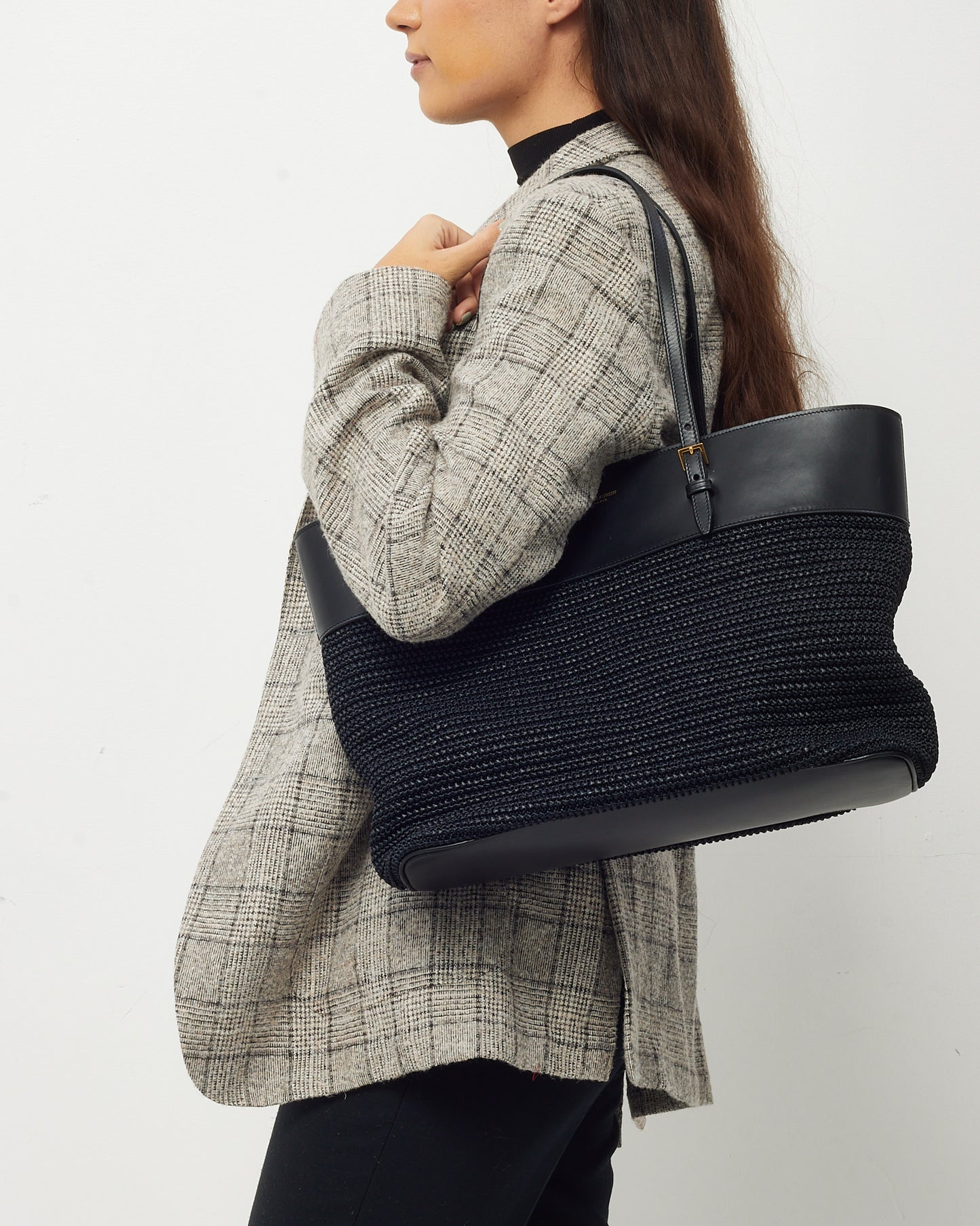 Saint Laurent Black Leather and Raffia Medium E/W Shopping Tote Bag