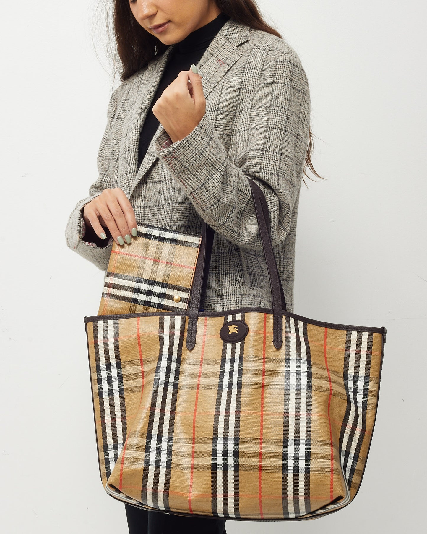 Burberry Beige Check Coated Canvas Medium Highland Reversible Tote Bag