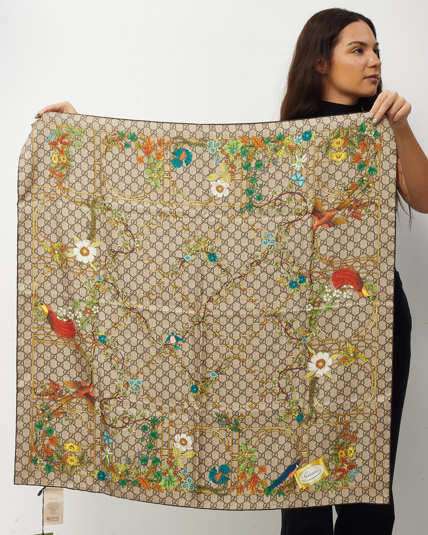 Gucci Beige and Brown GG Monogram Bird and Floral Silk Scarf 90