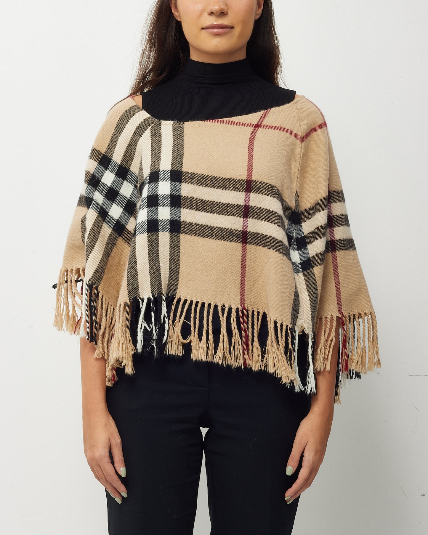 Burberry Beige Nova Check Wool Fringe Hooded Short Poncho Scarf - OS
